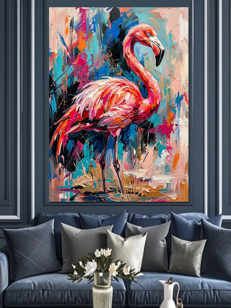 Renk Patlamalı Pembe Flamingo Tablosu Kanvas Tablo