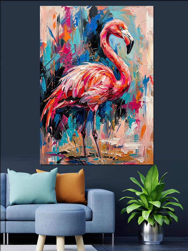 Renk Patlamalı Pembe Flamingo Tablosu Kanvas Tablo