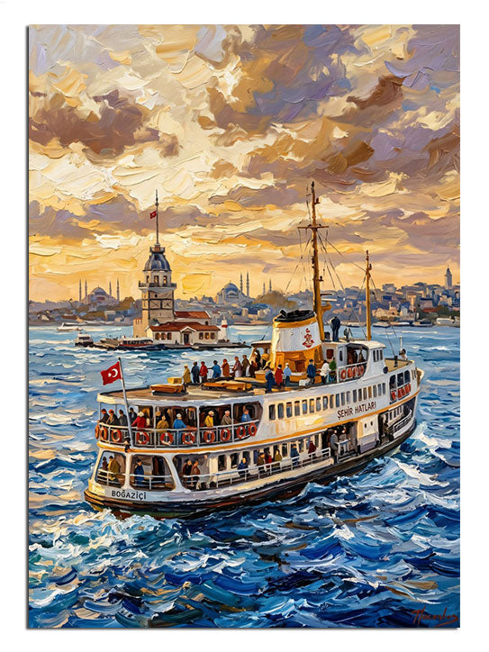 Boğaz'da Kız Kulesi ve yolcu vapuru İstanbul manzarası tablosu.