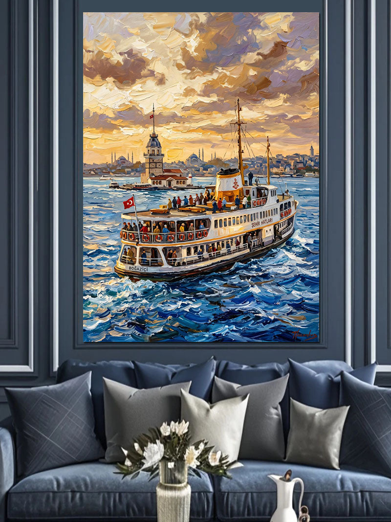 İstanbul Boğazında Yolcu Vapuru Manzarası Kanvas Tablo
