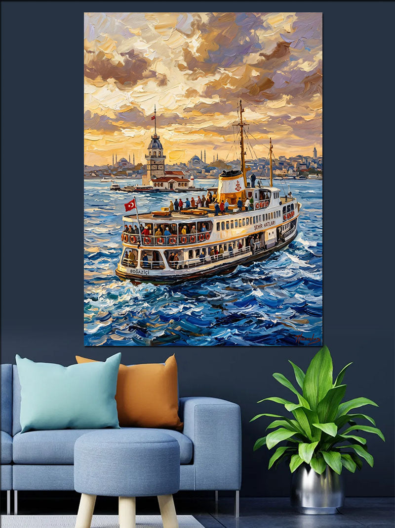İstanbul Boğazında Yolcu Vapuru Manzarası Kanvas Tablo