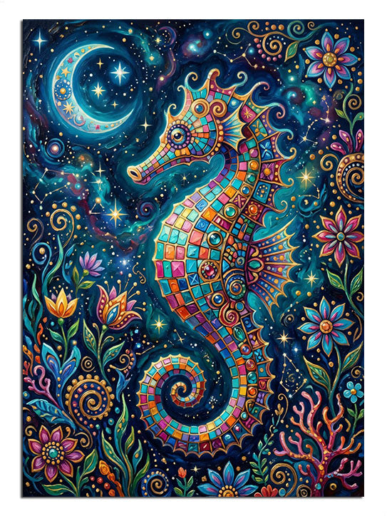Yıldızlı gecede renkli mandala denizatı fantastik tablo.