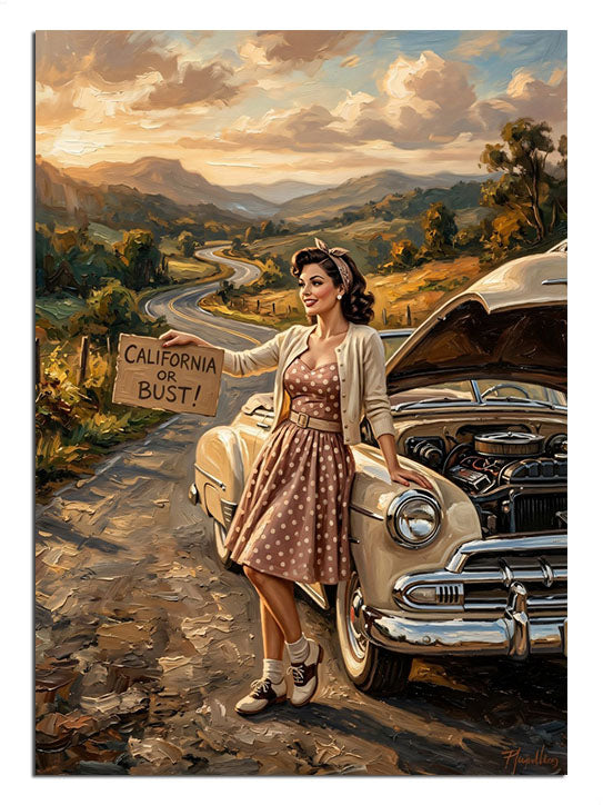 Arızalı araba yanında duran kadın California or Bust vintage tablo.