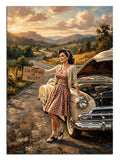 Arızalı araba yanında duran kadın California or Bust vintage tablo.