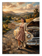 Arızalı araba yanında duran kadın California or Bust vintage tablo.