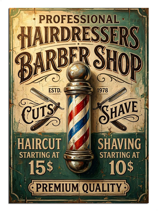 Professional Hairdressers Barber Shop yazılı berber direkli poster tablosu.