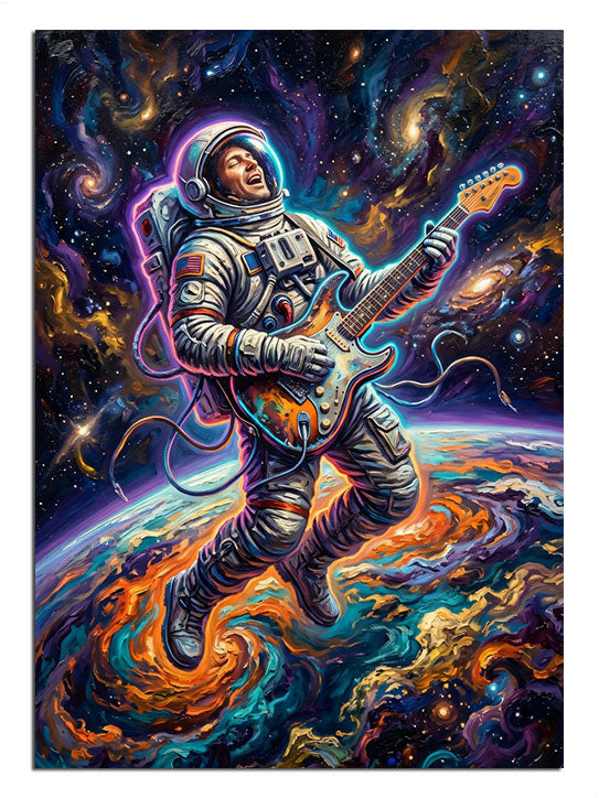 Dünya üzerinde gitar çalan astronot uzay ve müzik tablosu.