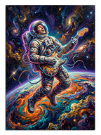Dünya üzerinde gitar çalan astronot uzay ve müzik tablosu.