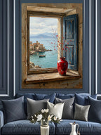 Pencereden Deniz Manzaralı Kırmızı Vazo Kanvas Tablo