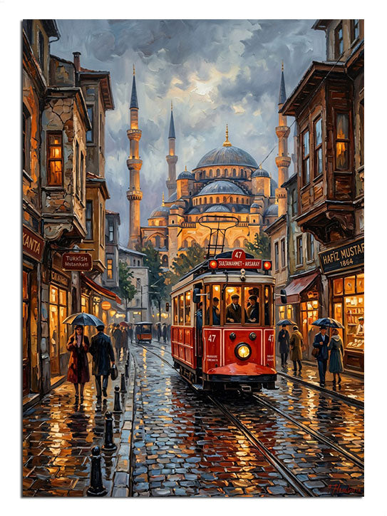 Yağmurlu gecede tramvay ve cami İstanbul manzarası tablosu.