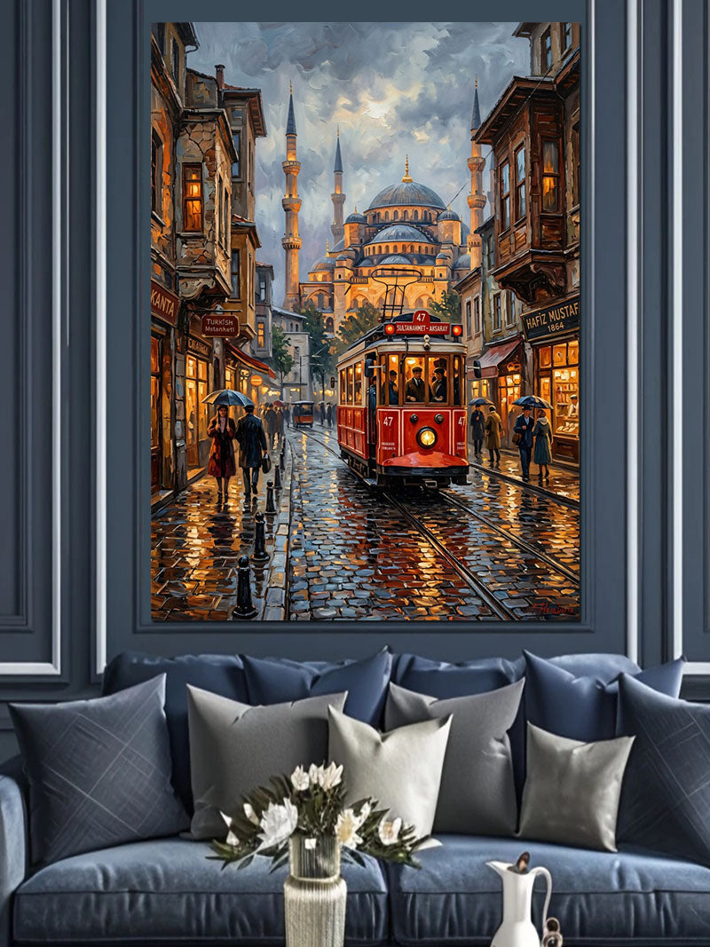 Yağmurlu Gecede Tramvay Ve Cami Manzarası Kanvas Tablo