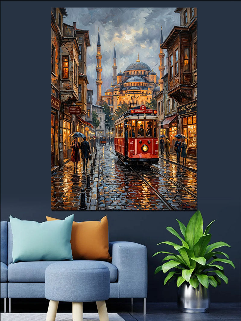 Yağmurlu Gecede Tramvay Ve Cami Manzarası Kanvas Tablo