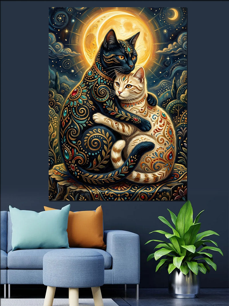 Ay Işığında Sarılan İki Kedi Tablosu Kanvas Tablo