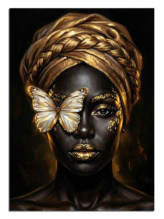 Yüzünde kelebekli ve altın türbanlı Afrikalı kadın portresi tablosu.