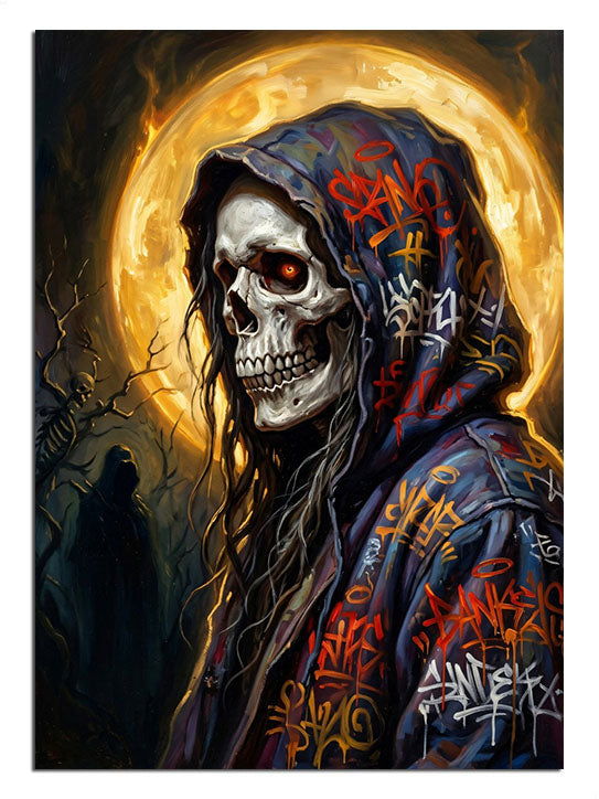 Grafiti kapüşonlu kurukafa ve dolunay gece tablosu gotik.