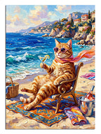Plajda güneş gözlüklü ve kokteylli kedi tatil manzarası tablosu.