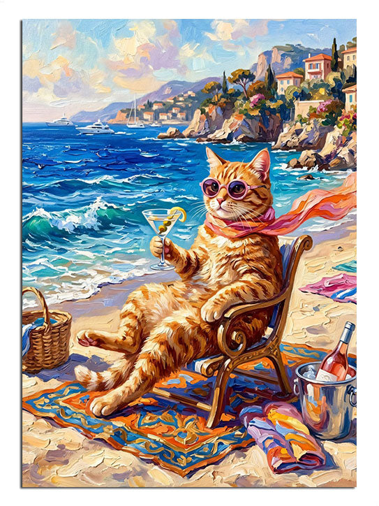 Plajda güneş gözlüklü ve kokteylli kedi tatil manzarası tablosu.