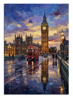 Yağmurlu gecede Big Ben ve kırmızı otobüs Londra manzarası tablosu.