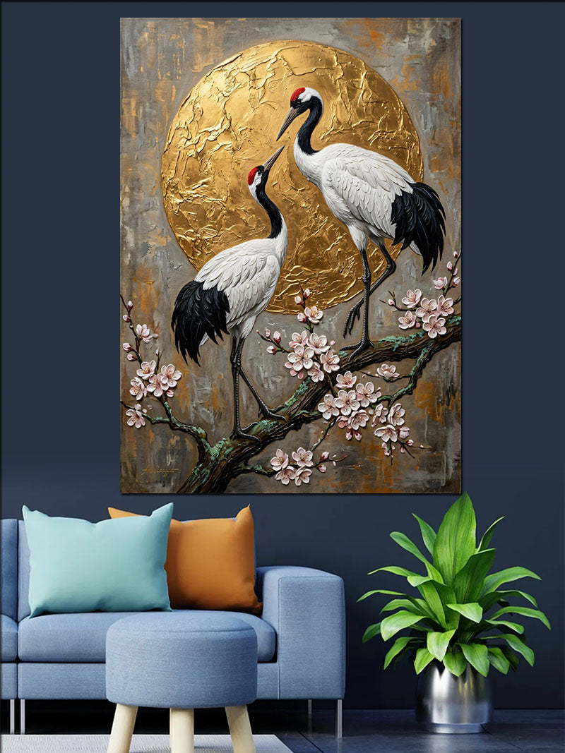 Altın Güneş Altında Turna Çifti Kanvas Tablo