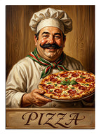 Elinde pizza tutan bıyıklı şef aşçı PIZZA yazılı mutfak tablosu.
