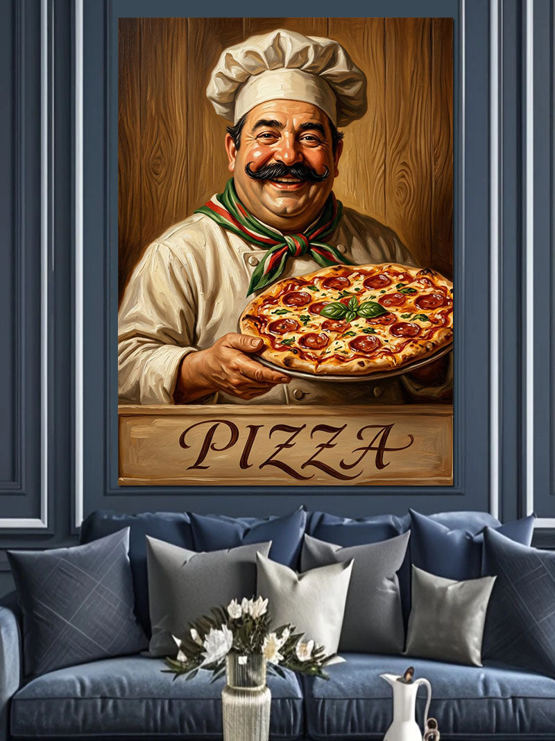 Pizza Tutan Şef Aşçı Tablosu Kanvas Tablo