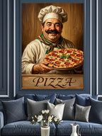 Pizza Tutan Şef Aşçı Tablosu Kanvas Tablo