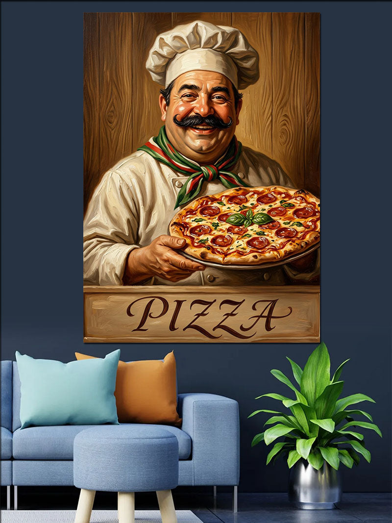 Pizza Tutan Şef Aşçı Tablosu Kanvas Tablo