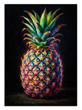 Siyah zeminde neon renkli ananas meyvesi pop-art tablo.