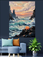 Kayalıklarda Turuncu Çiçekli Deniz Manzarası Kanvas Tablo