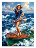 Sürat teknesinde mavi elbiseli ve dalgalı denizde pin-up kadın tablosu.