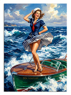 Sürat teknesinde mavi elbiseli ve dalgalı denizde pin-up kadın tablosu.