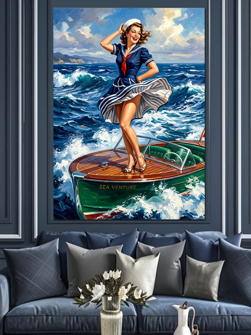 Sürat Teknesinde Mavi Elbiseli Pin Up Kanvas Tablo