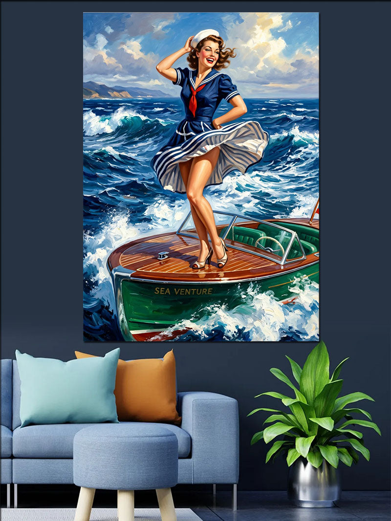 Sürat Teknesinde Mavi Elbiseli Pin Up Kanvas Tablo