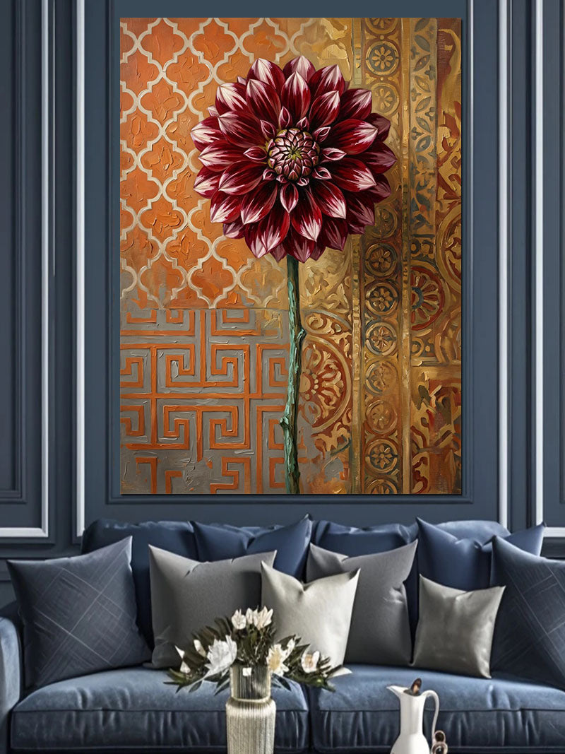 Desenli Zeminde Bordo Yıldız Çiçeği Kanvas Tablo