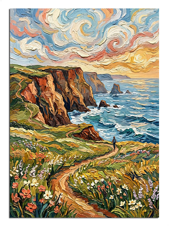 Çiçekli kayalık sahil ve patika Van Gogh tarzı manzara tablosu.