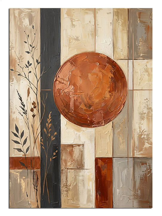 Bej ve kahve tonlarda kahverengi daire geometrik minimalist tablo.