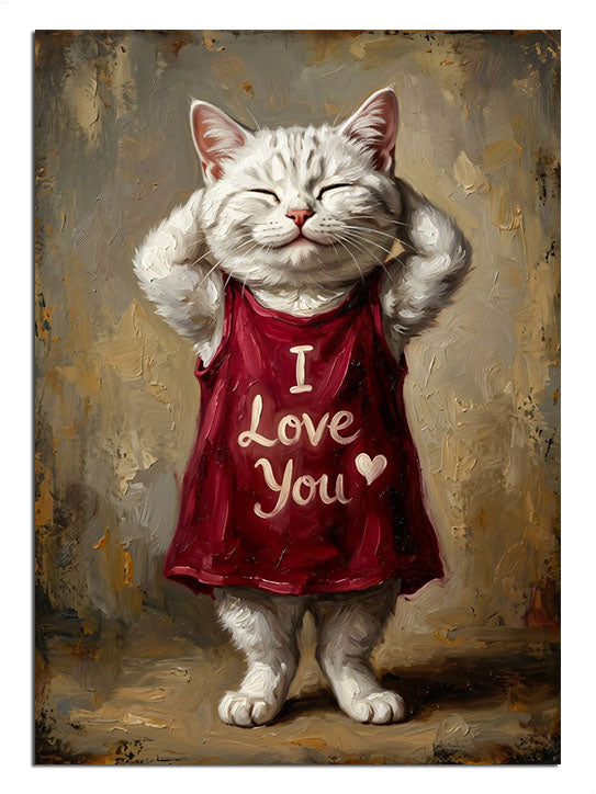I Love You yazılı kırmızı elbiseli beyaz kedi sevimli tablo.