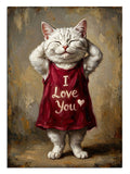 I Love You yazılı kırmızı elbiseli beyaz kedi sevimli tablo.