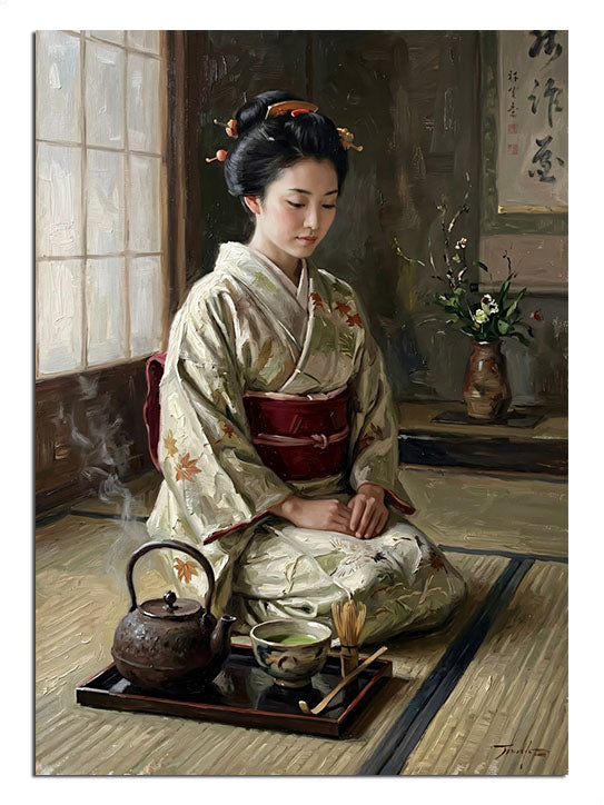 Tatami odasında çay seremonisi yapan geyşa kadın tablosu.