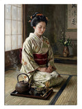 Tatami odasında çay seremonisi yapan geyşa kadın tablosu.