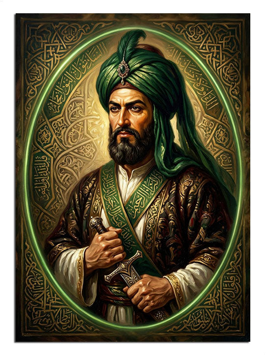 Yeşil sarıklı ve oval çerçeveli Osmanlı adam portresi tablosu.