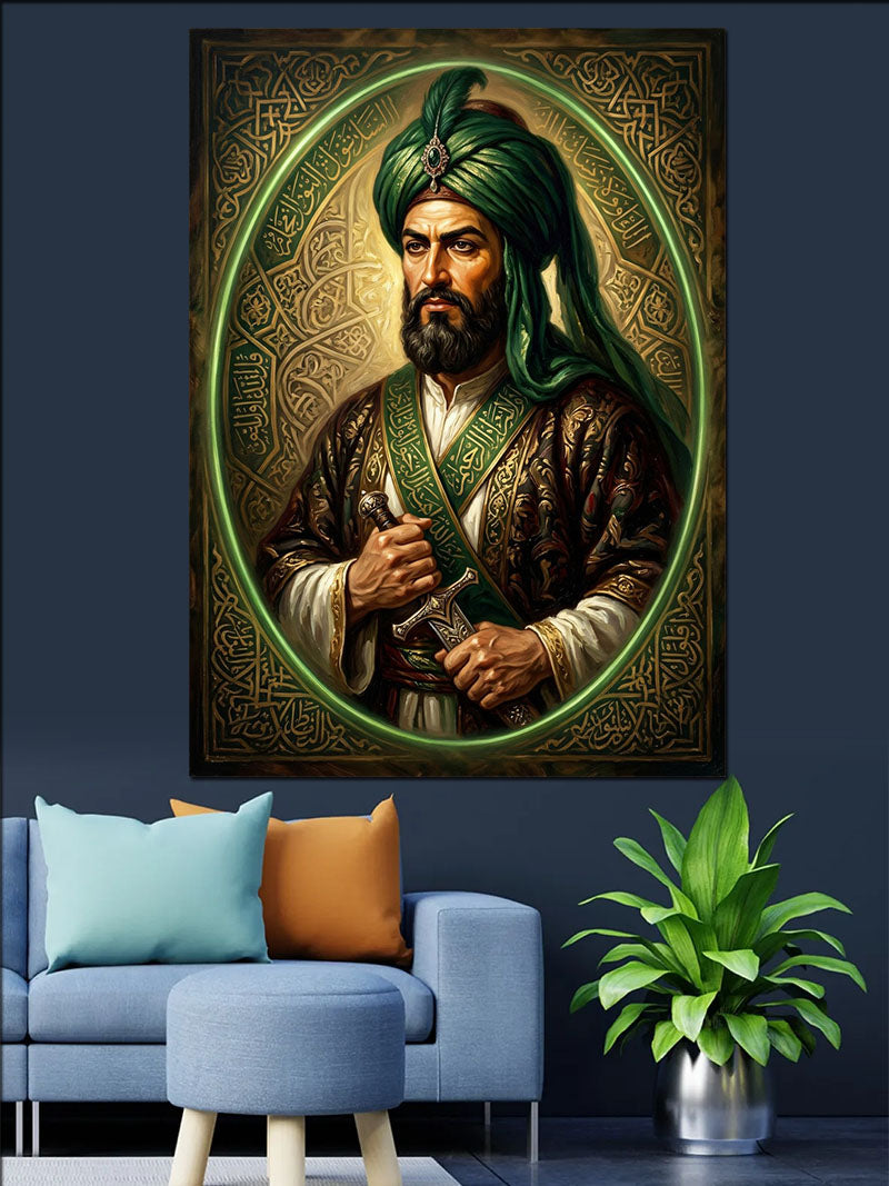 Yeşil Sarıklı Sakallı Adam Oval Portre Kanvas Tablo