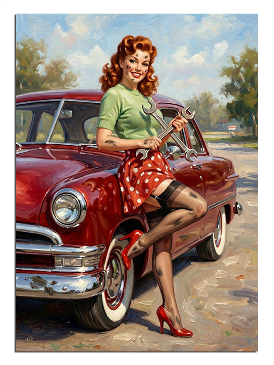 Kırmızı klasik araba yanında poodle köpekli pin-up kadın tablosu.