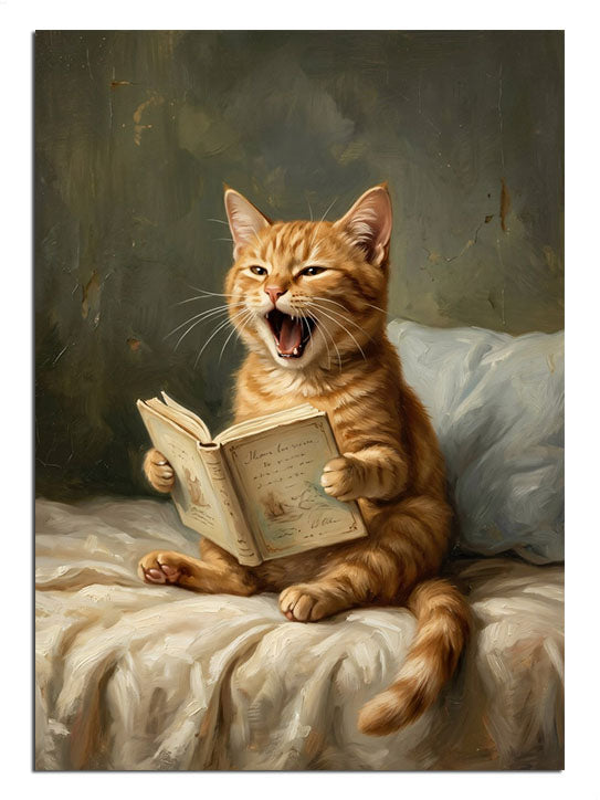 Yatakta kitap okurken esneyen turuncu kedi komik tablo.