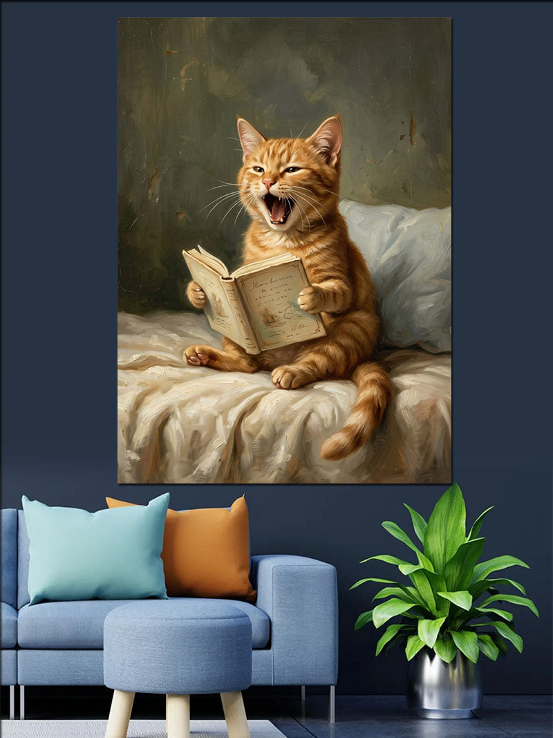Kitap Okuyan Esneyen Turuncu Kedi Kanvas Tablo
