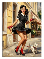 Beyaz köpek gezdiren puantiyeli elbiseli pin-up kadın tablosu.