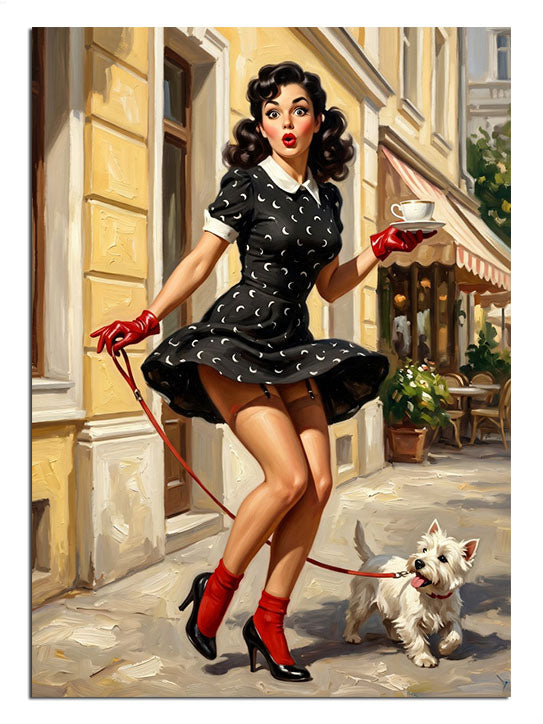 Beyaz köpek gezdiren puantiyeli elbiseli pin-up kadın tablosu.