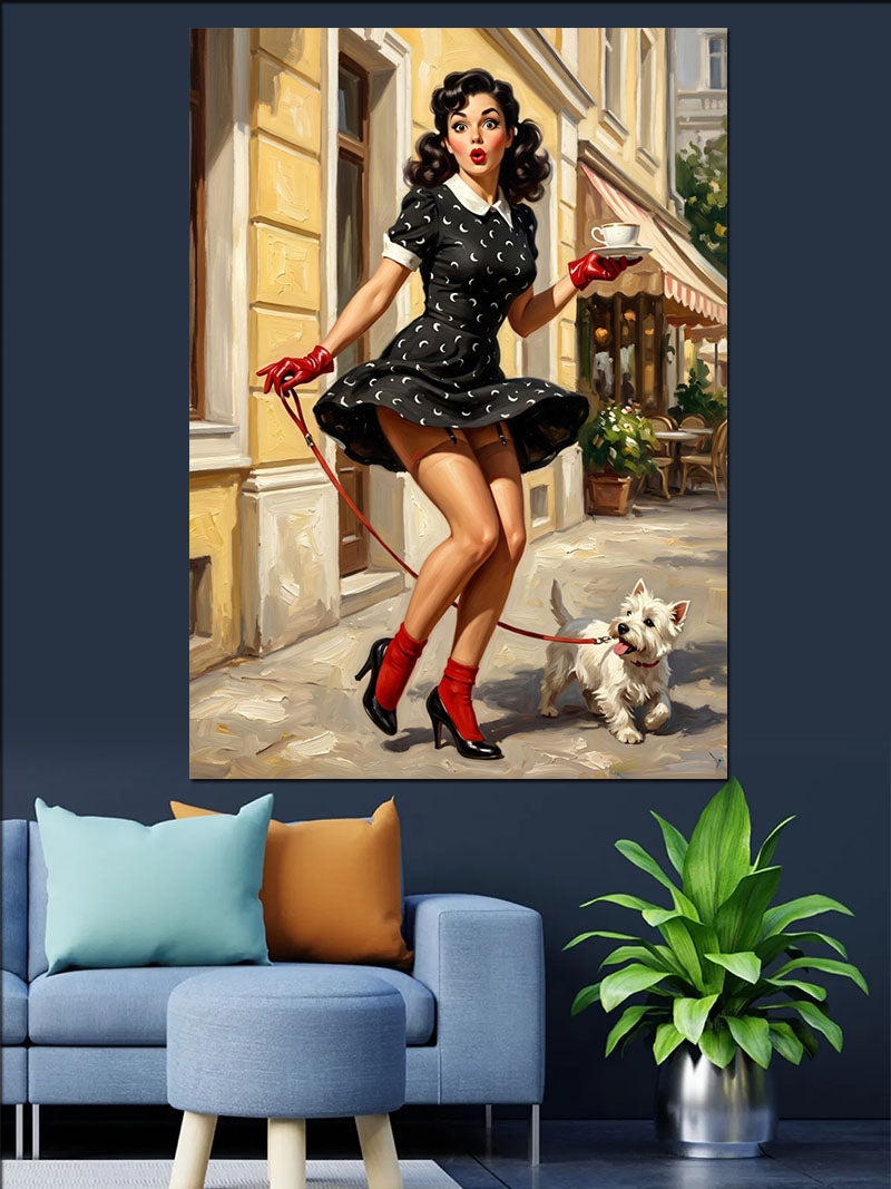 Köpek Gezdiren Puantiyeli Elbiseli Pin Up Kanvas Tablo