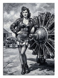 Uçak motoru yanında deri ceketli pin-up kadın siyah beyaz tablo.