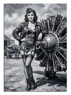 Uçak motoru yanında deri ceketli pin-up kadın siyah beyaz tablo.